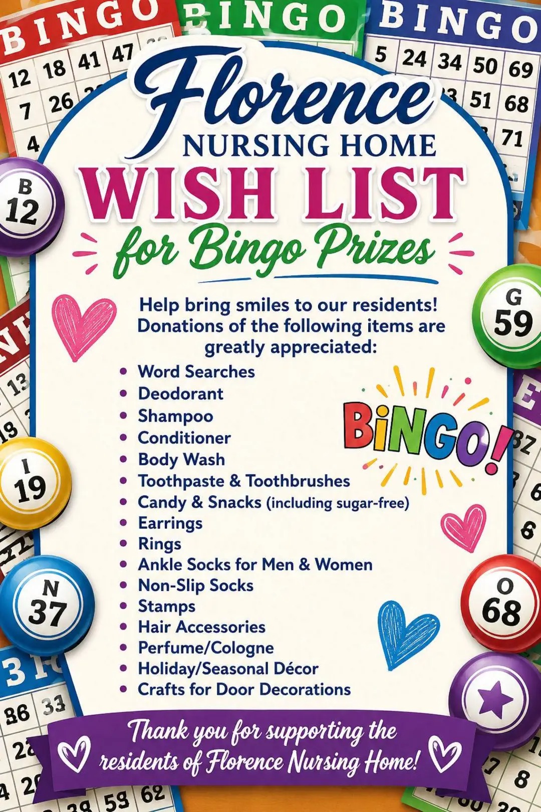 Florence Nursing Home wish list flyer for bingo prizes, decorated with bingo cards and balls, listing the donation items below